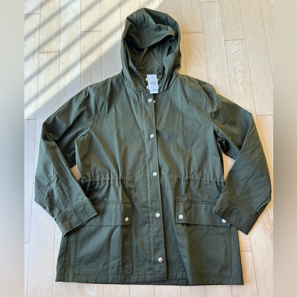 J. Crew Resin Coated Cotton Twill Hooded Women’s Jacket Loden Green Large NWT - Picture 14 of 16